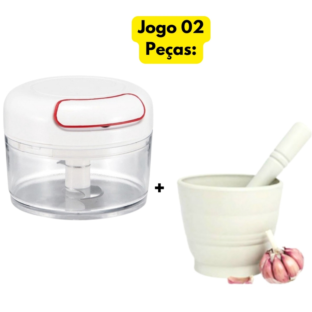 Jogo 02 Peças Mini Triturador Manual +Pilão Socador Branco Plástico Esmagador Temperos Útil Kit Alho