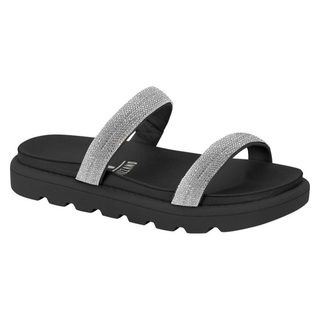 Rasteira Birken Preta Confort Papete Feminina Vizzano Tiras Strass Brilho Prata