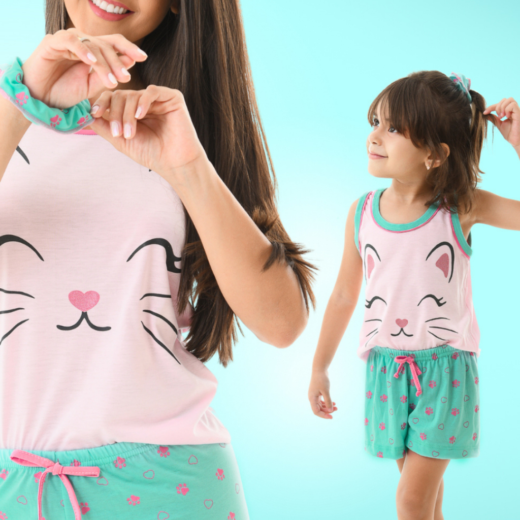 Kit 2 Pijamas Feminino Baby Doll para Mãe e Filha Short Doll Regata Verão Conforto Gatinha POP