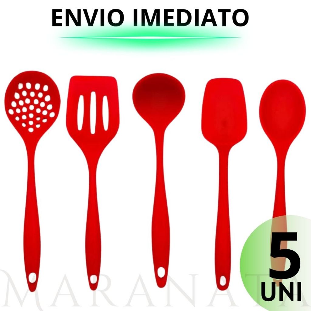 Kit 5 Utensílios De Cozinha 100% Silicone - Casa Cozinha Restaurante Chef Qualidade Premium Resistente Vermelho e Preto Colheres Pegadores de Comida