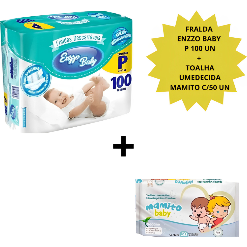 Kit Fralda Descartável Infantil  Enzzo Baby P Com 100 Unidades + Toalha Umedecida Mamito C/ 50 Unidades