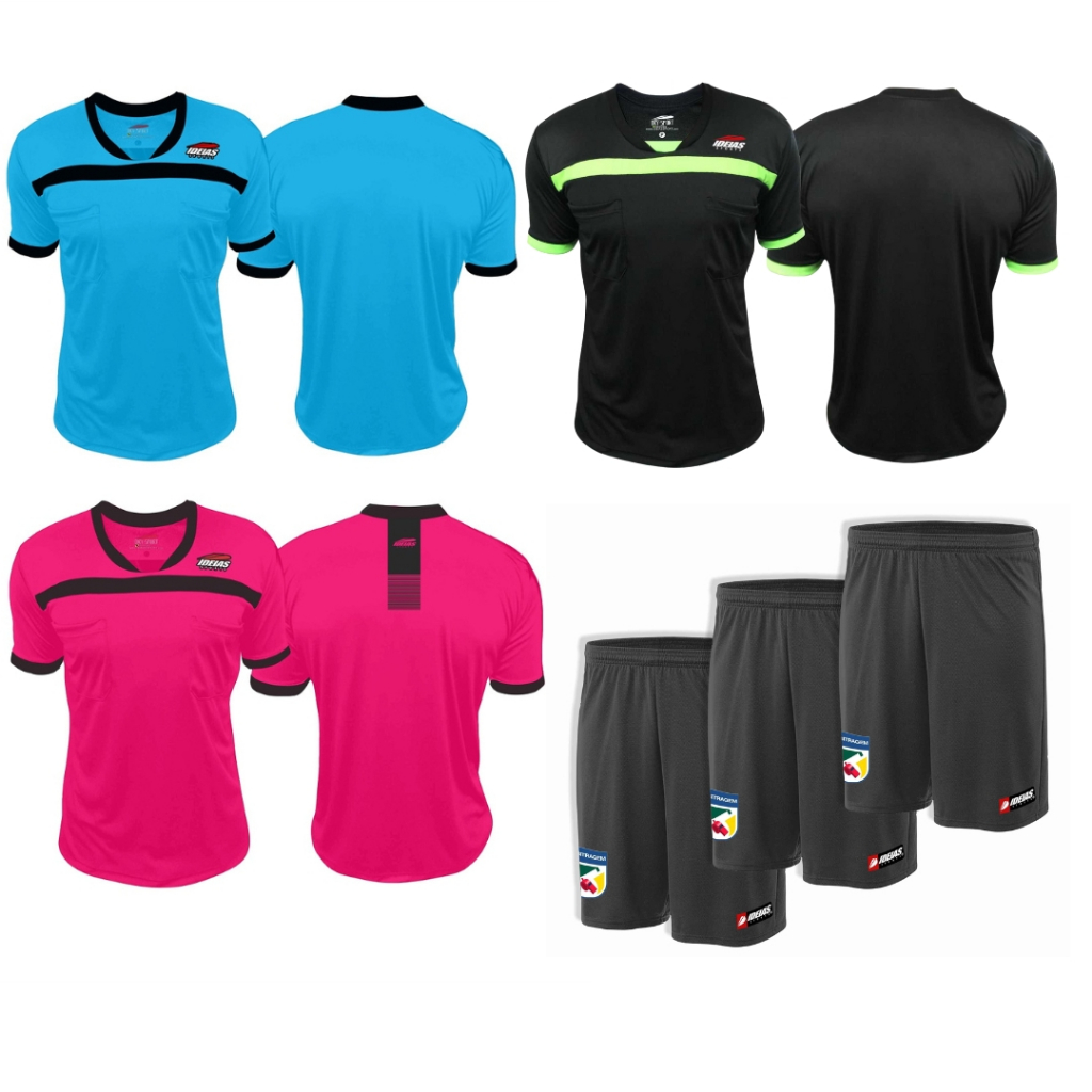 3 Camisas Arbitro Juiz + 3 Short Arbitragem Juiz Futebol Esporte