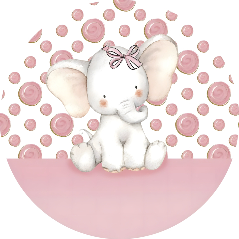 Painel Festa Infantil Redondo Elefantinho Rosa com lacinho, fundo formas de bolas  + Arco, Suporte incluso. Fazemos personalizado com qualquer tema. Confeccionado em Lona fosca, impressão de alta resolução. cenário Circular p/ Decoração