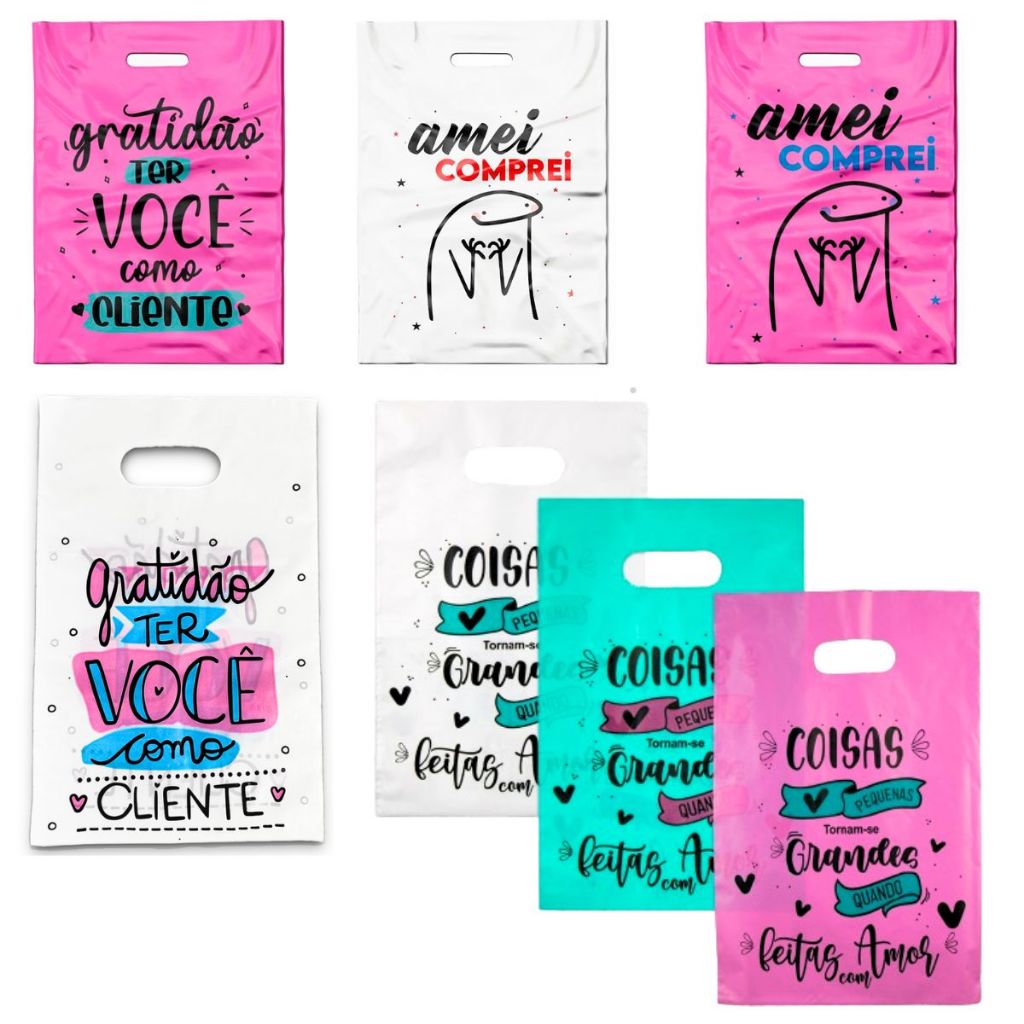 50 Sacolas Sorriso Plásticas Personalizadas – Frases “Gratidão”, “Coisas Pequenas” e “Amei, Comprei” em Oferta na Shopee