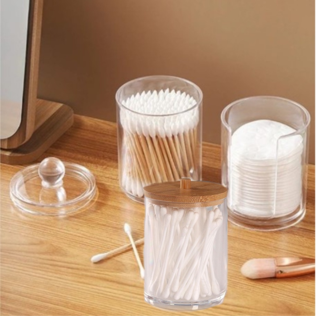 Porta Cotonete e Algodão Disco Cristal CILINDRO Com Tampa Acrílico ou Bambu