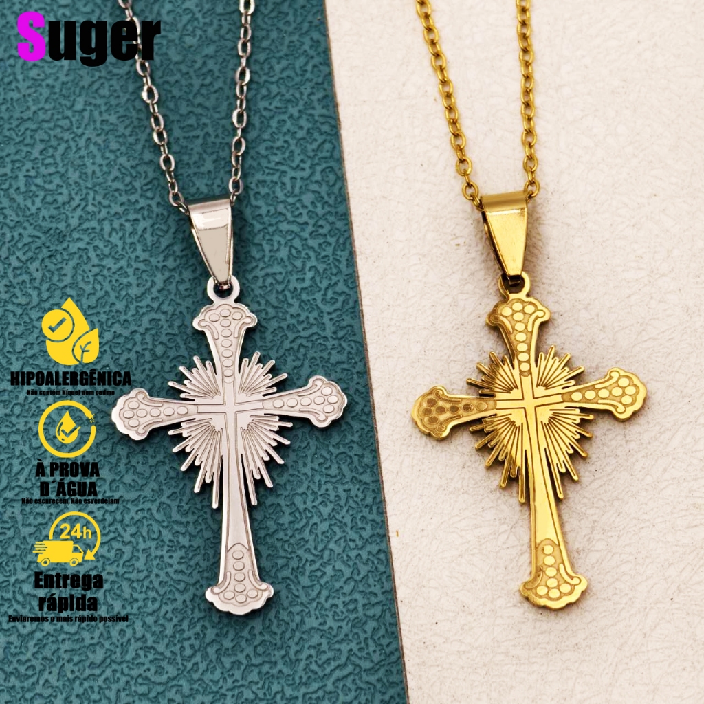 Colar Corrente Cordão Pingente Tribunal Cruz Pescoço Colares  Aço inox Prata Dourado Não Escurece em Oferta na Shopee