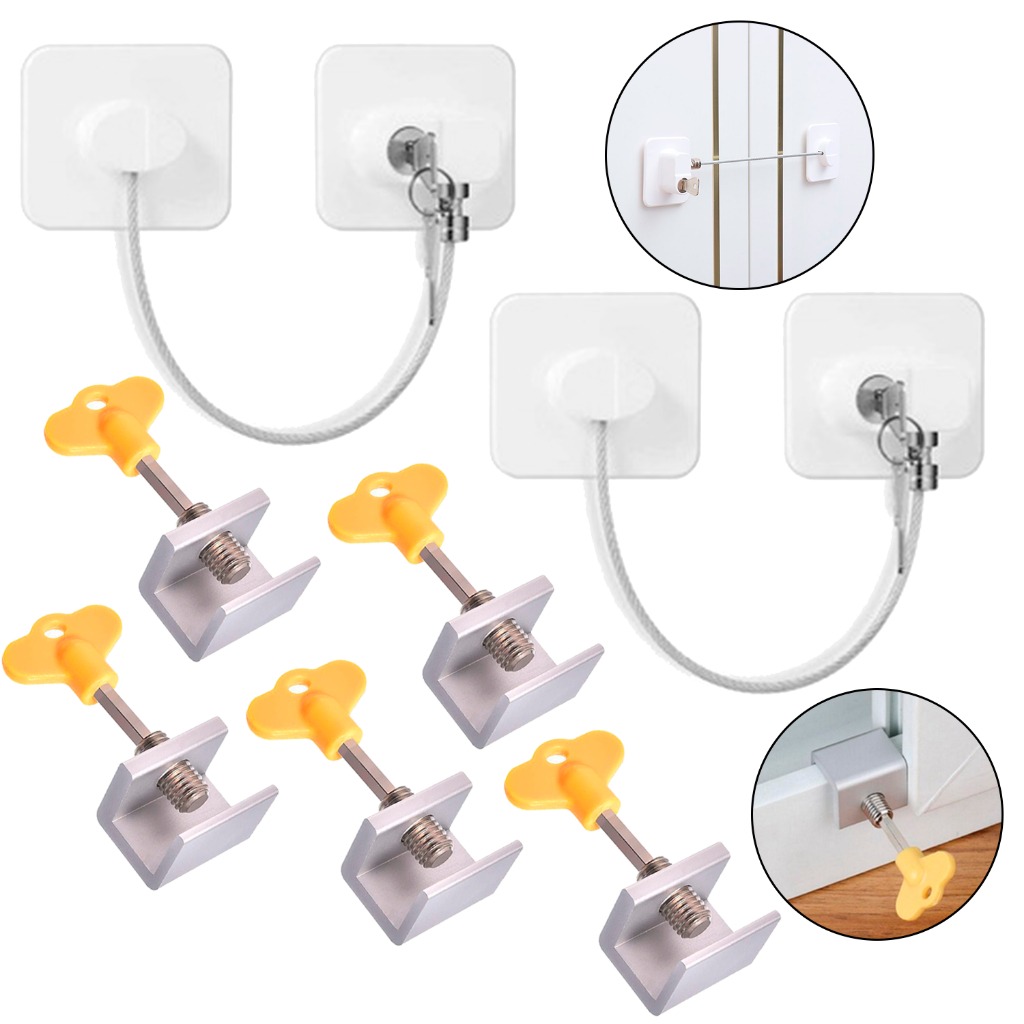Kit 2 Travas Geladeira Gaveta Porta Correr Adesiva 5 Travas Janela Segurança Branco Sem Furar Chave