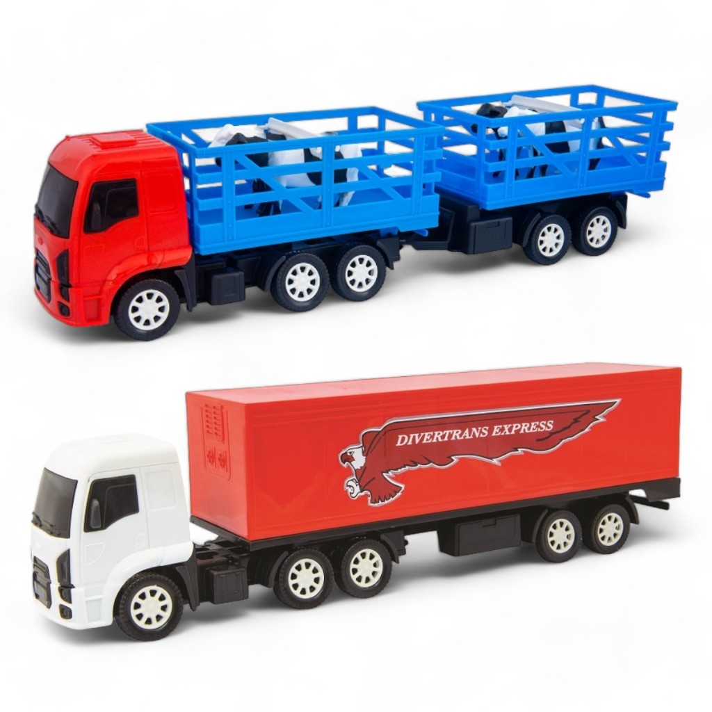 Kit 2 Caminhões Carreta Baú Abre portas e Bi trem Boiadeiro com 4 Bois - Diverplas