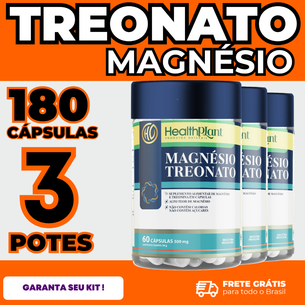 3 Un Magnésio L Treonato Puro 180 Capsulas 500mg Auxilia Na Memória Foco Concentração e Sono