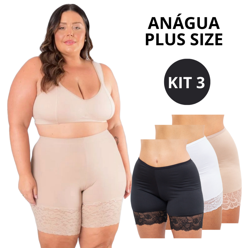 Kit 3 Anáguas Plus Size Segunda Pele Feminina Bermuda Renda Evita Atrito e Transparência na Roupa