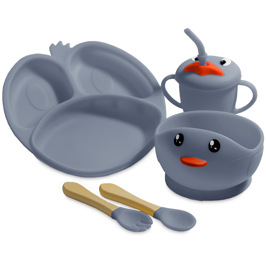Kit Introdução alimentar Bebê Infantil Prato Tigela com Ventosa copo Talheres De Silicone 5 Peças