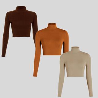 Kit 3 Croppeds Básicos de Manga Comprida Inverno Canelado Minimalista