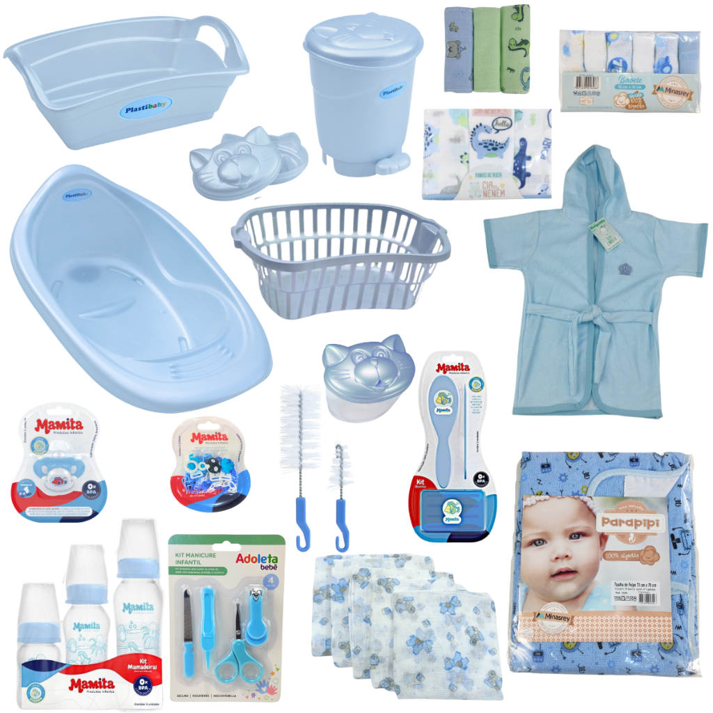 KIT BANHO DO BEBÊ BANHEIRA 22L + ENXOVAL COMPLETO CESTO KIT HIGIENE FRALDAS MAMADEIRAS LIXEIRA E ACESSÓRIOS - AZUL/ROSA em Oferta na Shopee