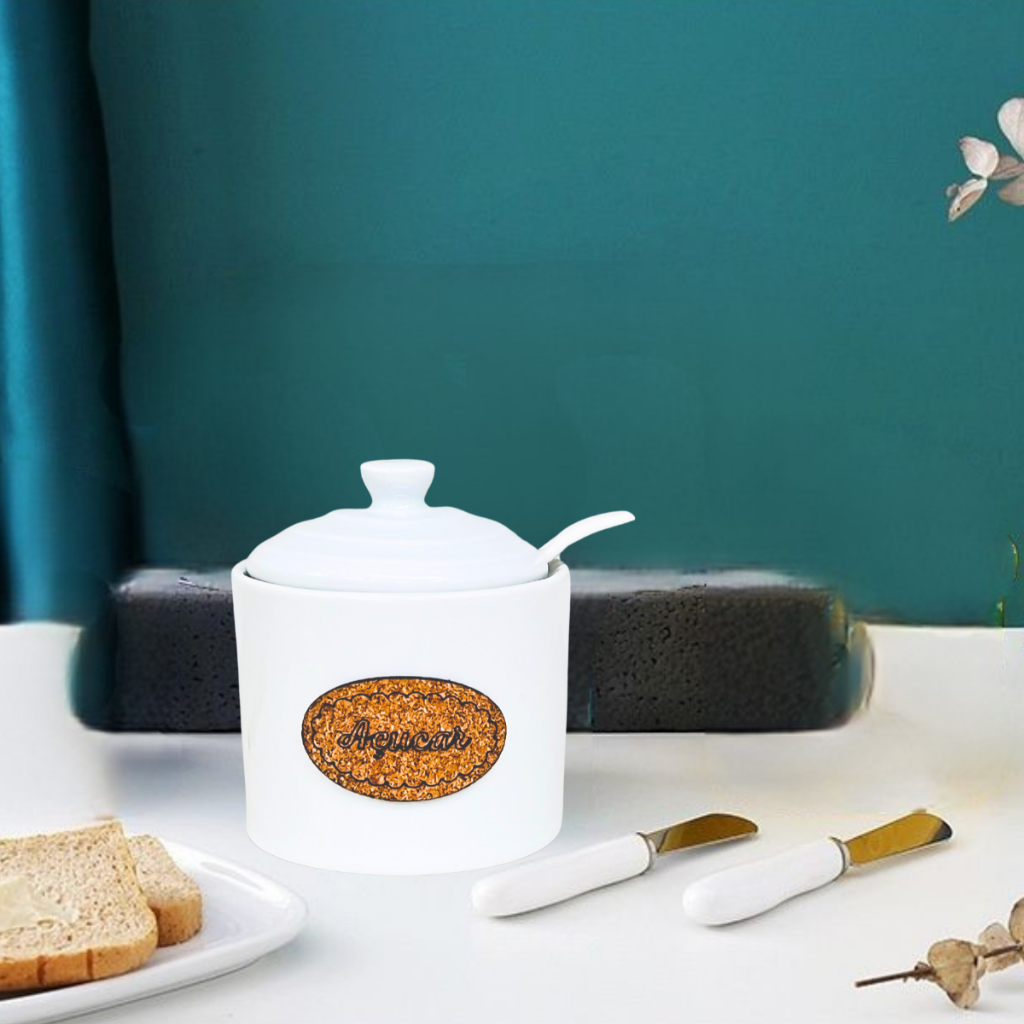 Açucareiro Porcelana Branco 200g com Colher Bambu ou Porcelana 1° Linha Mesa Posta Café