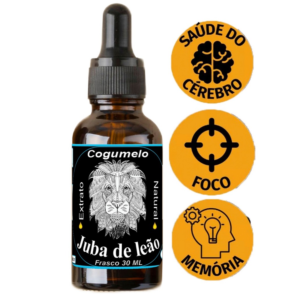 Cogumelo Juba Leão 90 mililitros (3 frascos c/ conta gotas) para a concentração do Cérebro