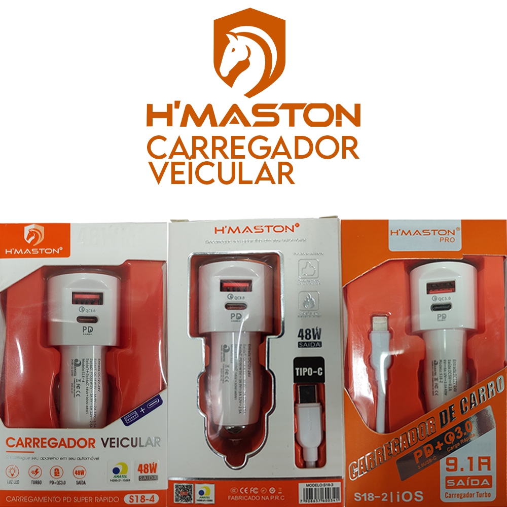 Carregador Veicular 2 Saídas p/ Entrada USB e TIPO C Turbo 9.1A Hmaston S18-4 USB C PD Carro Celular em Oferta na Shopee