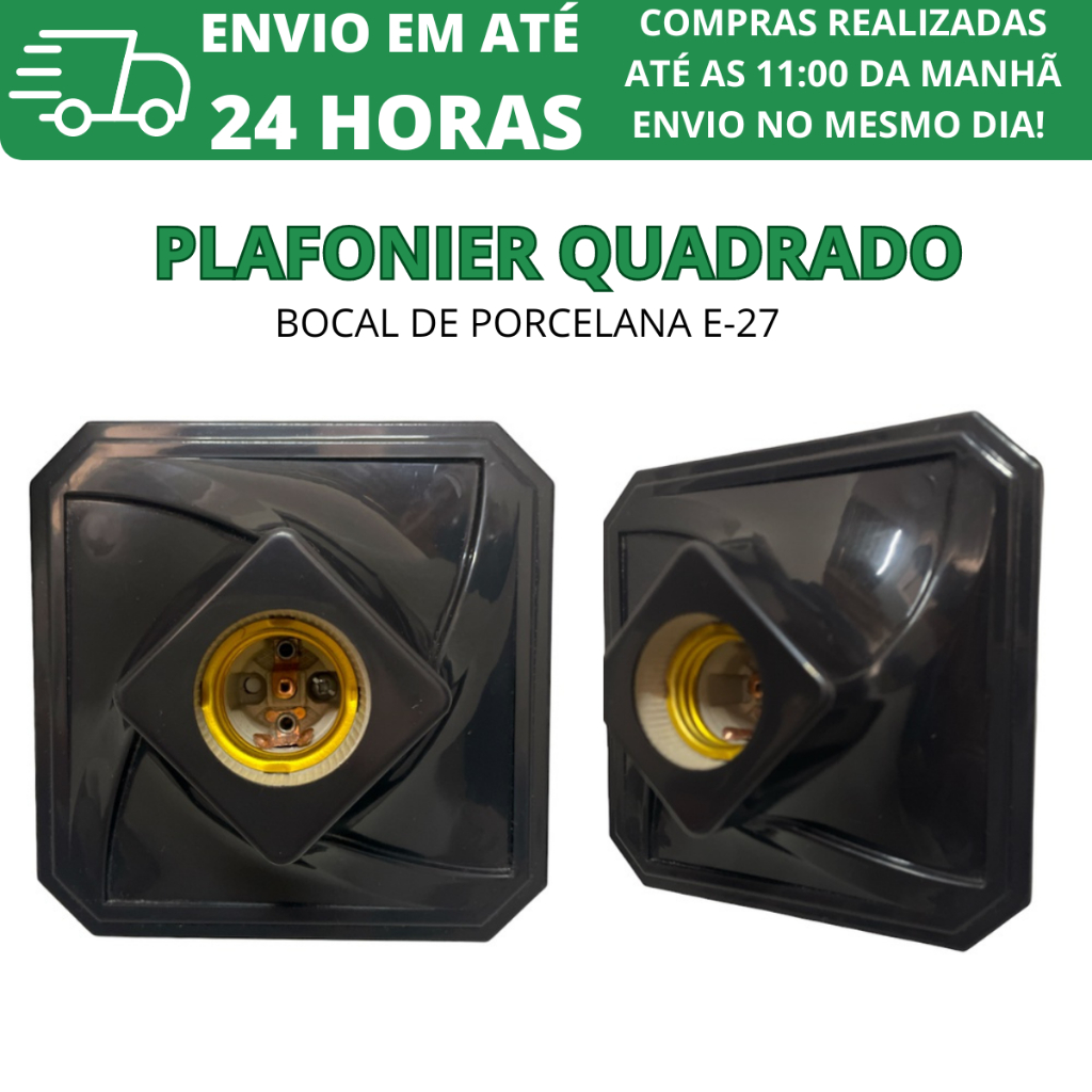 Plafon Plafonier Quadrado Preto Bocal de Porcelana Soquete E27 Bivolt