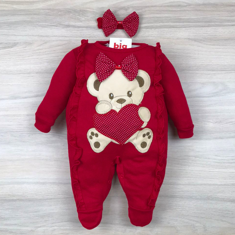 Macacão bebê menina bordado ursa coração com laço delicado em Oferta na Shopee