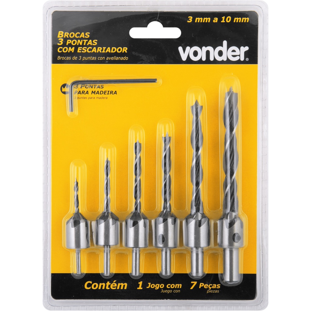 Jogo de brocas 3 pontas com escareador 3 mm a 10 mm jogo com 7 peças - Vonder