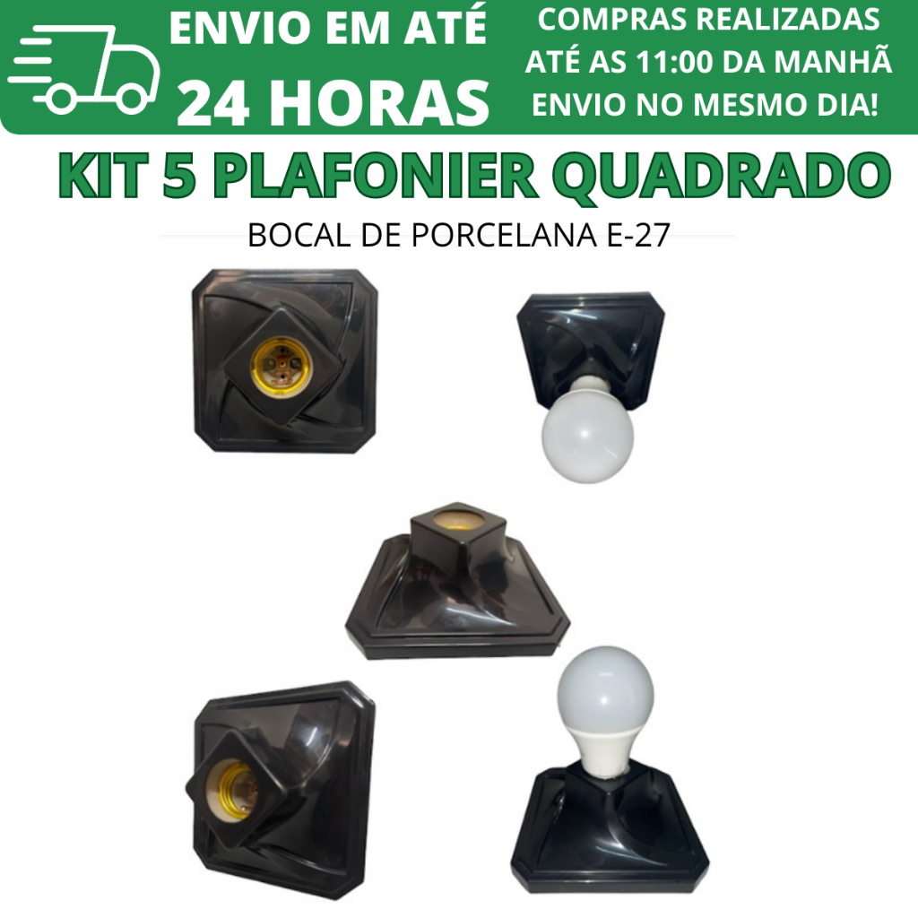 Kit 5 Plafonier Plafon Quadrado Preto Bocal De Porcelana Soquete E27  Bivolt