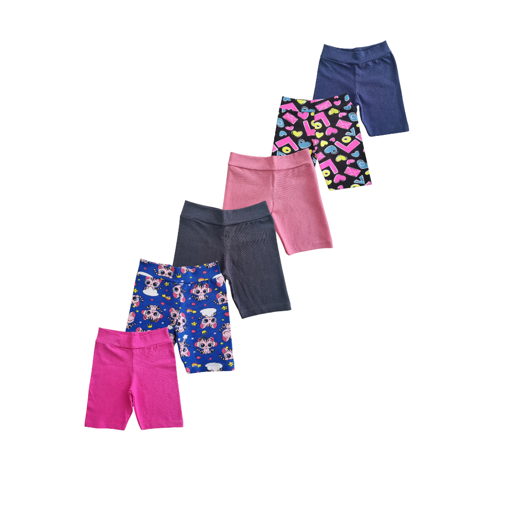 Kit 3 Shorts Legging Tamanhos 4, 6, 8 Cotton Para Meninas Short Leg Cores Sortidas Lisas/Estampadas