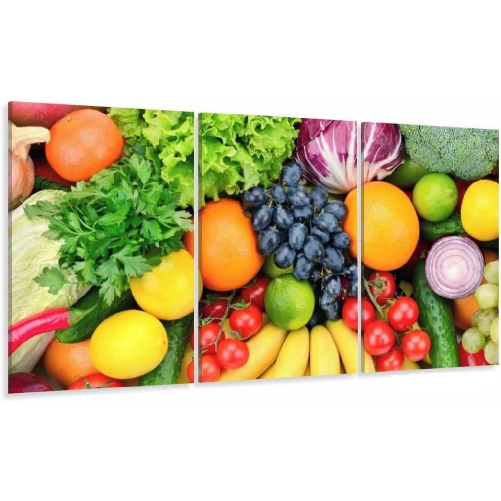 kit 3 quadros decorativos mdf 95x50 alta qualidade 4k frutas dieta legumes
