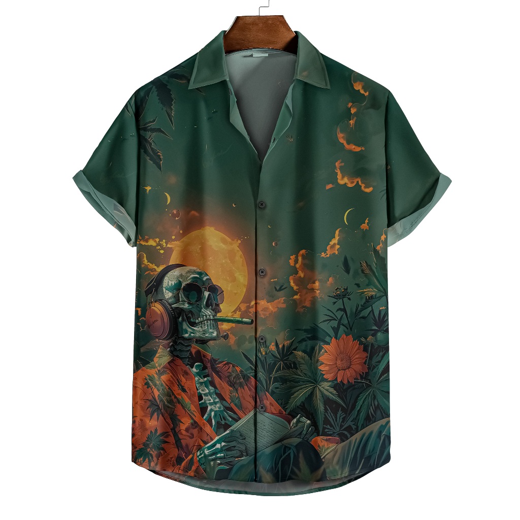 Camisa De Botão Caveira Hipster Arte Psicodélica Tropical Vintage Com Folhas De Cannabis [Ref-086] em Oferta na Shopee
