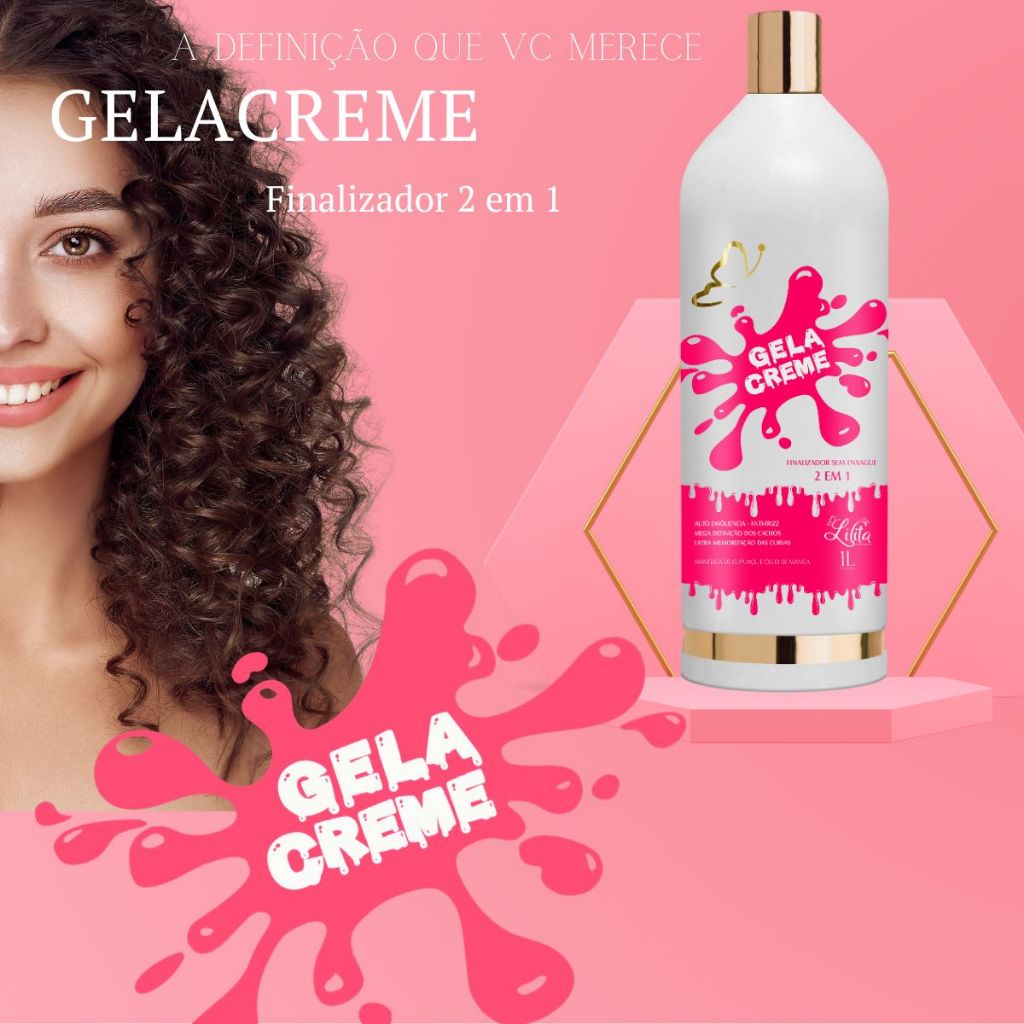 Modelador e Fixação Gelacreme definição dos cachos Finalizador 2 em 1 sem enxague Lilita Cosmeticos