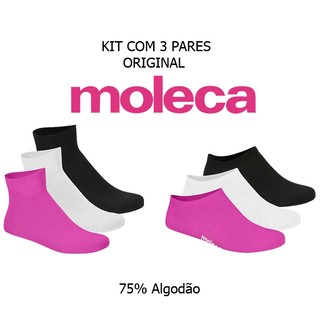Kit 3 pares Meia Moleca Original com NF 75% Algodão Invisível ou Cano Médio Calça do 33 ao 40