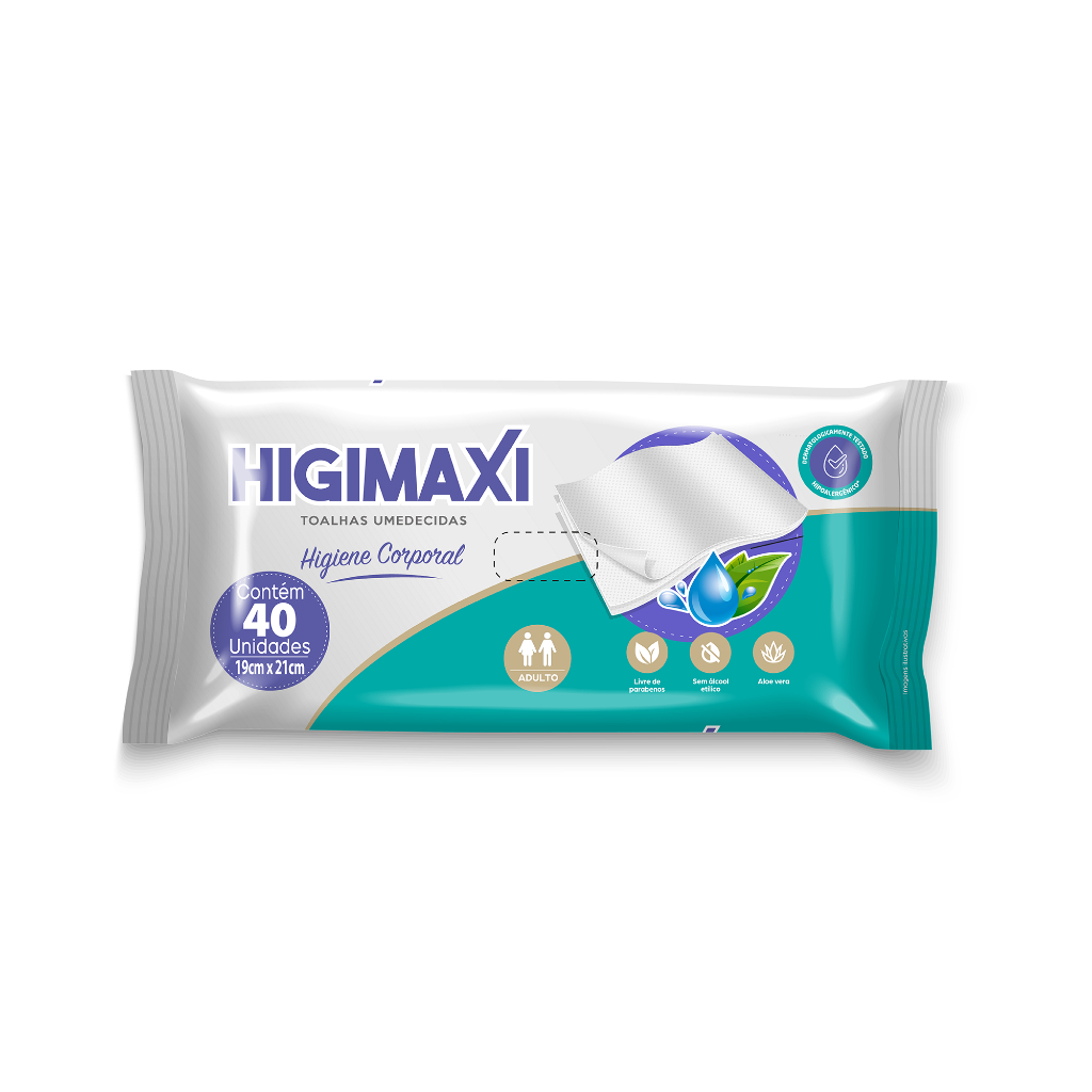 Lenço Umedecido Higimaxi 40 Unidades Toalha Sem Alcool Adulto Geriátrico Com Aloe Vera E Camomila 40 Toalinhas