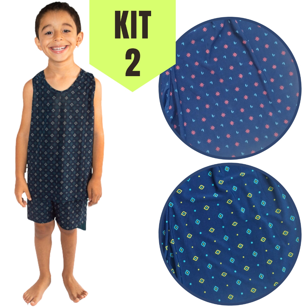 Kit 2: Pijama Camiseta Regata Menino Infantil Masculino Blusa sem Manga Short Liganete