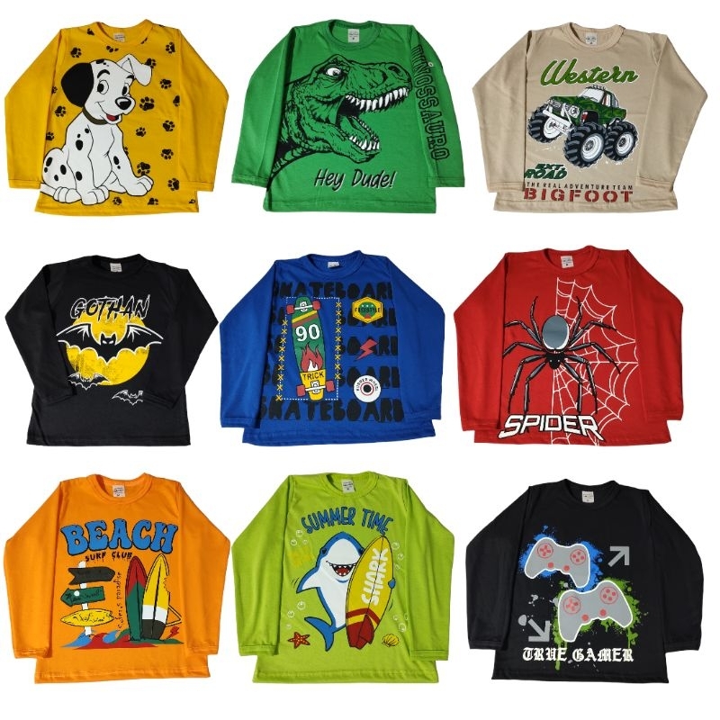 Camisa manga longa infantil de menino malha 100% algodão- estampas variadas
