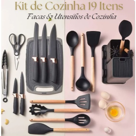 Kit Completo Jogo Utensílios Cozinha Luxo 19 Peças Com Tábua em Silicone Espátula Faca Tesoura Kitchen Cores Premium