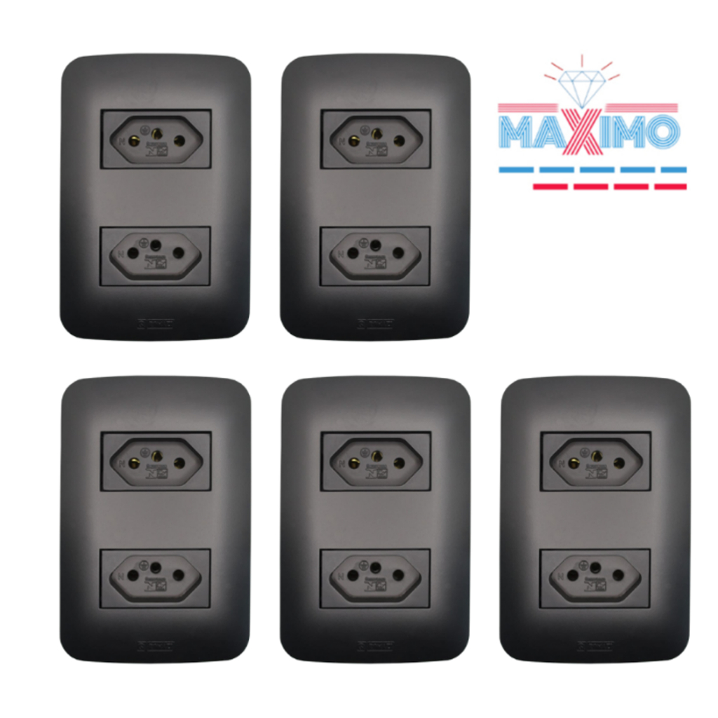 Kit 5 Tomadas Duplas Completas 20A - Canoa Preto Romazi