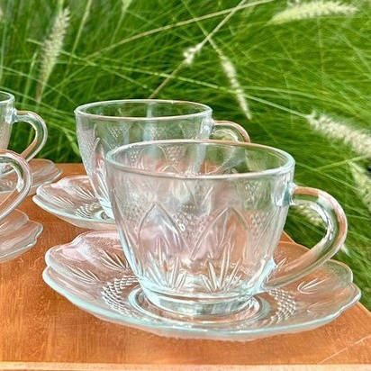 Jogo de xícara com pires transparente vidro 200ml grande decorada 12 peças