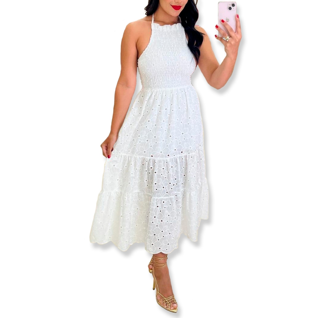 Vestido feminino mídi babado frente única Laise 100% algodão bordado