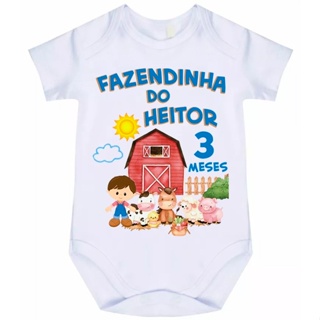 body bebê fazendinha mês aniversário com nome e mês do seu bebê manga curta ou manga longa 845a em Oferta na Shopee