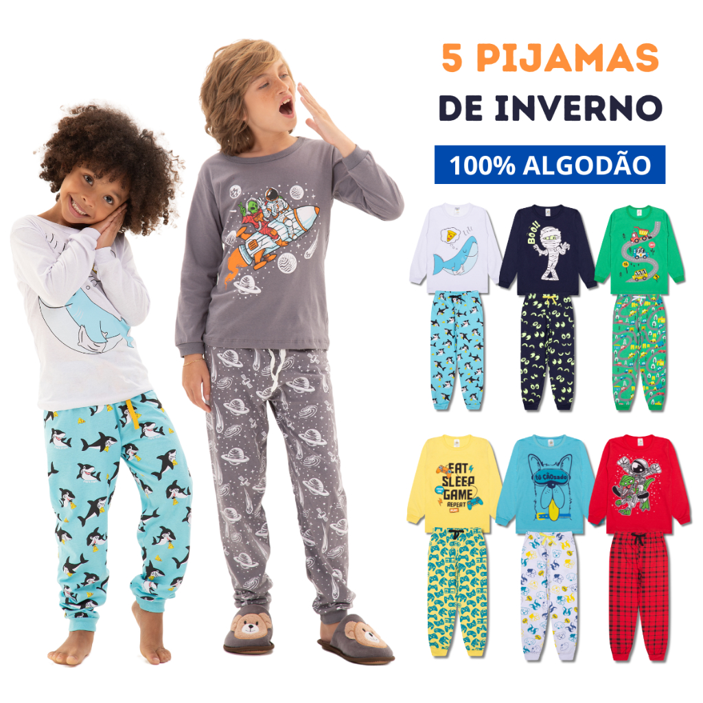 Kit Sortido 10 Peças Pijama Infantil Menino Manga Longa (5 Camisetas + 5 Calças) Tamanho 1...