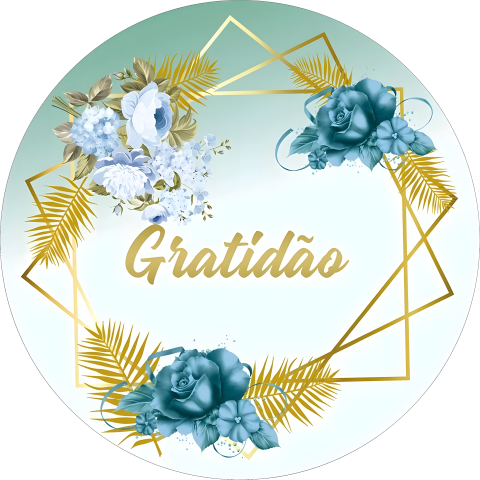 Painel Festa Infantil Redondo Gratidão Dourado, Floral Azul Forte + Arco, Suporte incluso. Fazemos personalizado com qualquer tema. Confeccionado em Lona fosca, impressão de alta resolução. cenário Circular p/ Decoração