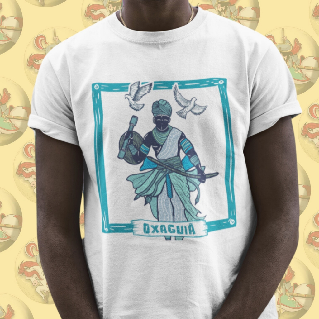 Camiseta Premium Religiosa Umbanda Orixá Oxaguiã Coleção Xilogravura Algodão 30.1 Arte 201