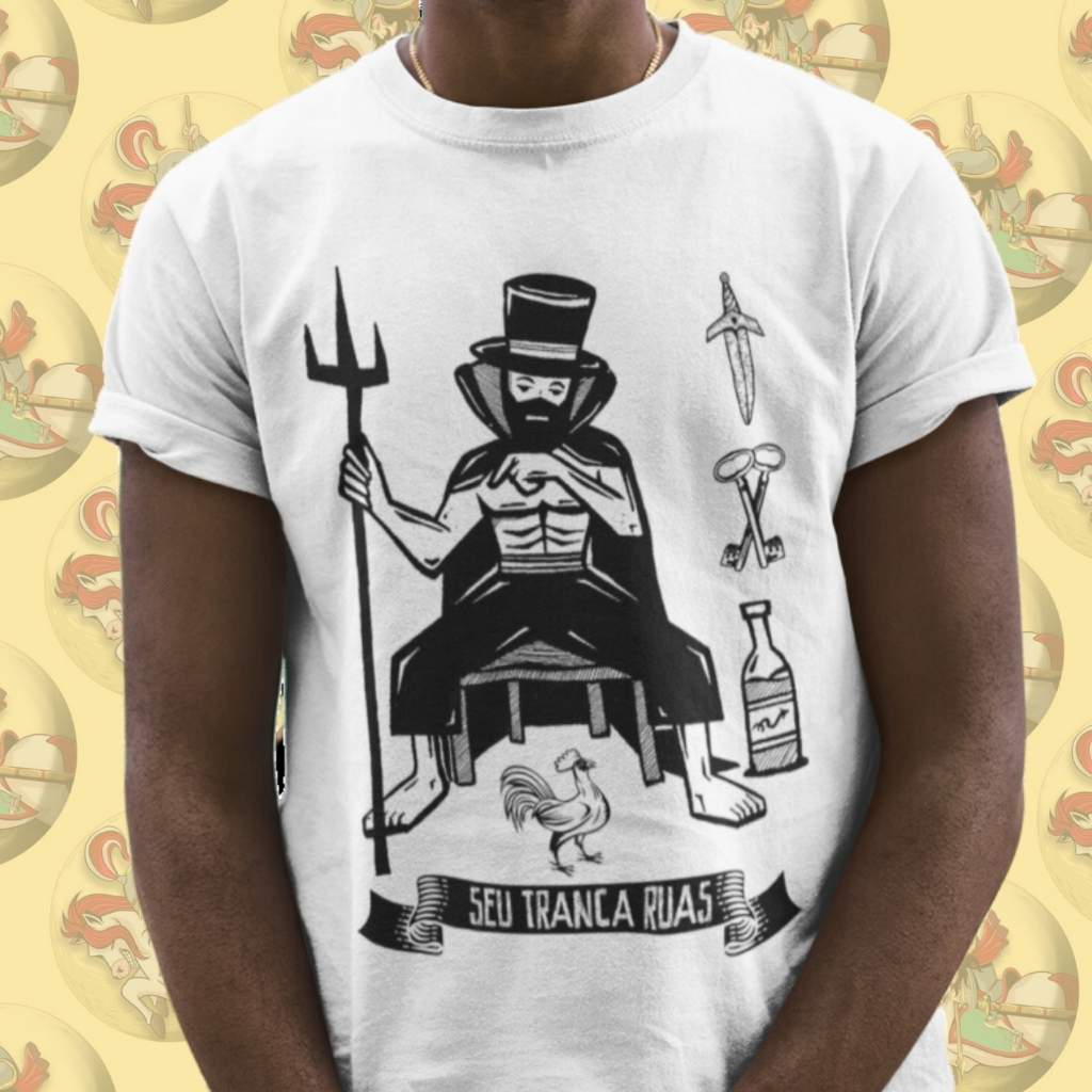 Camiseta Premium Religiosa Umbanda Exu Tranca Ruas Coleção Xilogravura Algodão 30.1 Arte 206