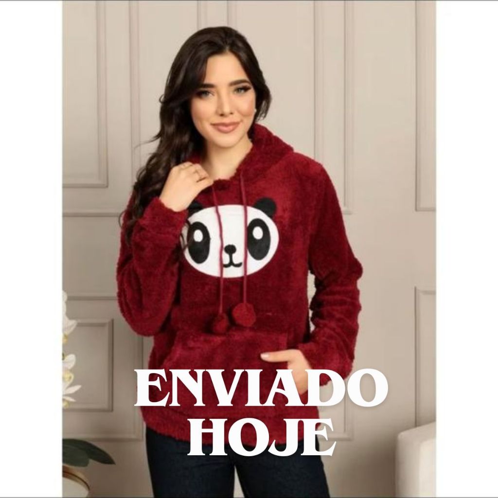 Casaco de moletom de pelinho estampa pandinha blusa inverno feminino capuz promoção em Oferta na Shopee