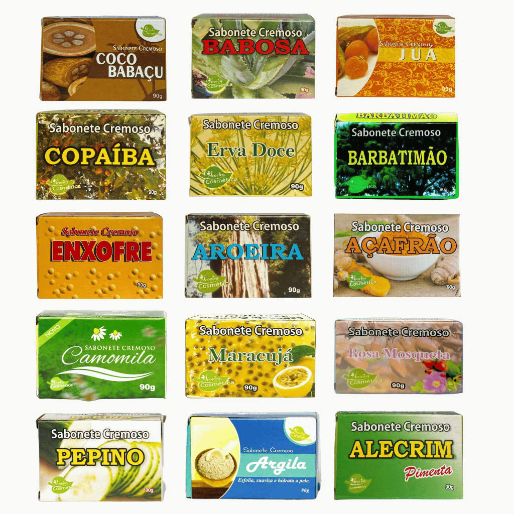 Kit com 12 Sabonetes Naturais 90g - Aroeira, Açafrão, Babosa, Barbatimão, Alecrim, Enxofre e Mais