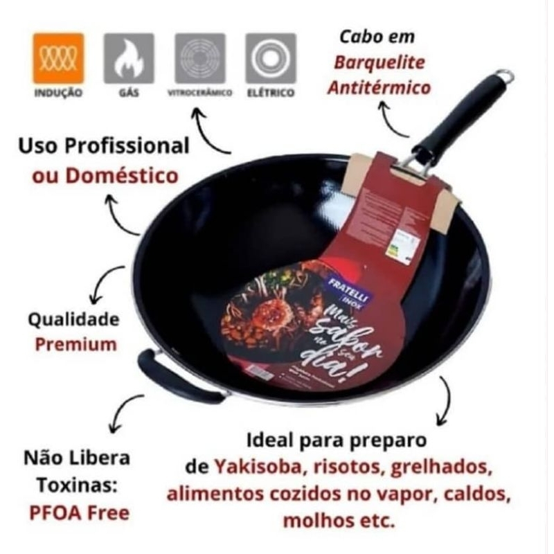 Imagem Frigideira Wok Antiaderente 28 Cm Teflon com Tampa de Vidro Profissional