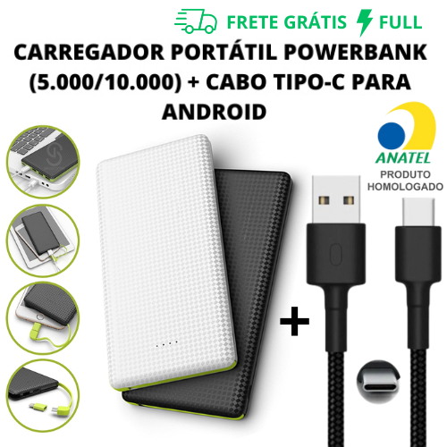 KIT CARREGADOR PORTÁTIL POWER BANK (5.000 / 10.000 MAH) + CABO TIPO-C PARA ANDROID em Oferta na Shopee