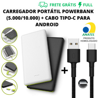 KIT CARREGADOR PORTÁTIL POWER BANK (5.000 / 10.000 MAH) + CABO TIPO-C PARA ANDROID
