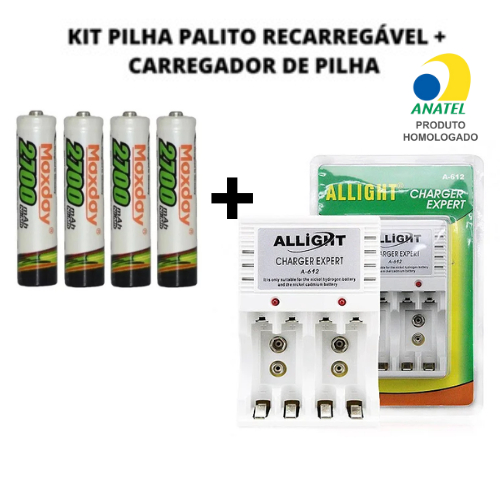 KIT PILHA PALITO RECARREGÁVEL FLEX AAA 2700 MAH + CARREGADOR DE PILHA AA/AAA