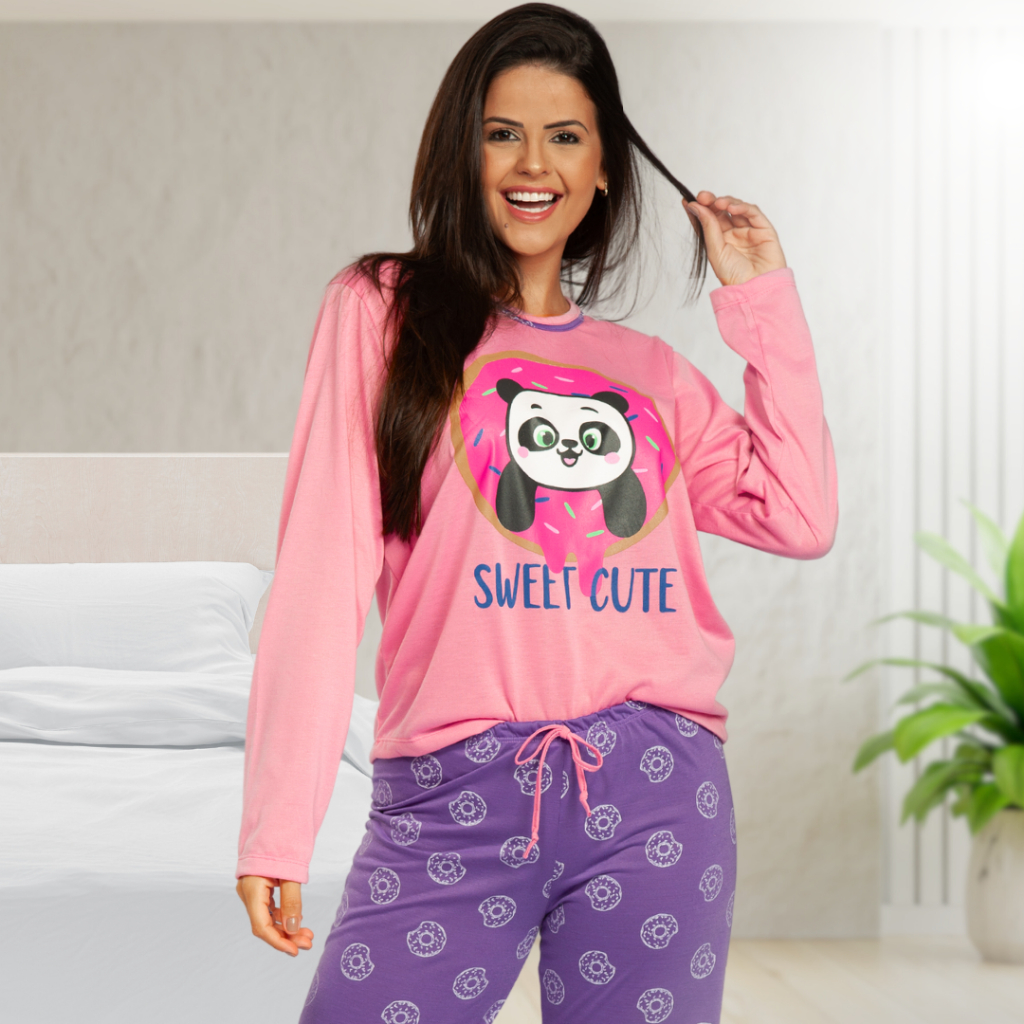 Pijama Feminino Inverno Conjunto Calça e Blusa de Frio Estampado Estampas Fofinhas POPijamas