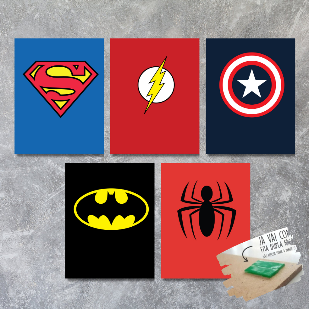 Kit 5 Quadro Decorativo Super Heróis Super Homem Batman Homem Aranha Flash Capitão América Marvel DC Placa Mdf
