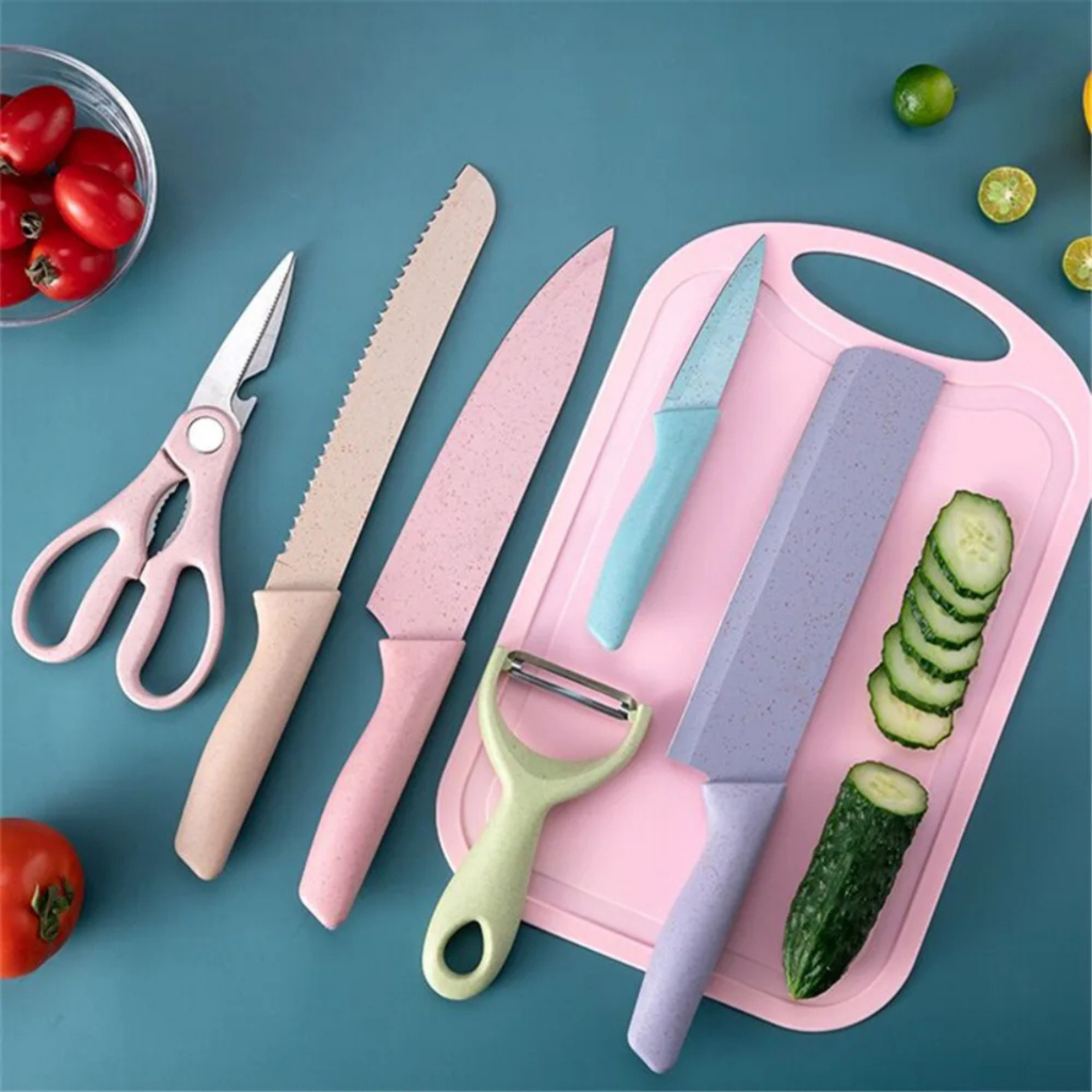 Kit Conjunto de Facas Coloridas Tesoura Descascador Cozinha Gourmet 7 Peças